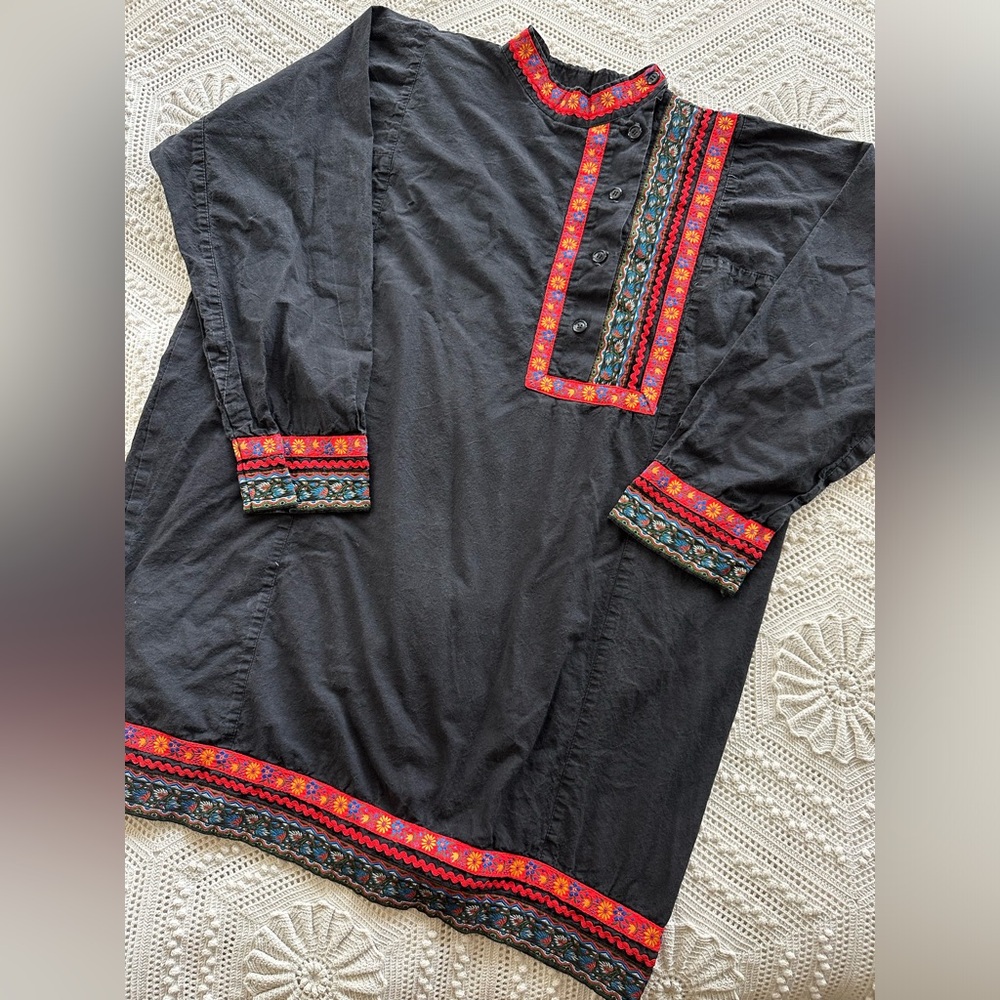 74: Cotton Mandarin Collar Tunic Dress W Embroidery Accents